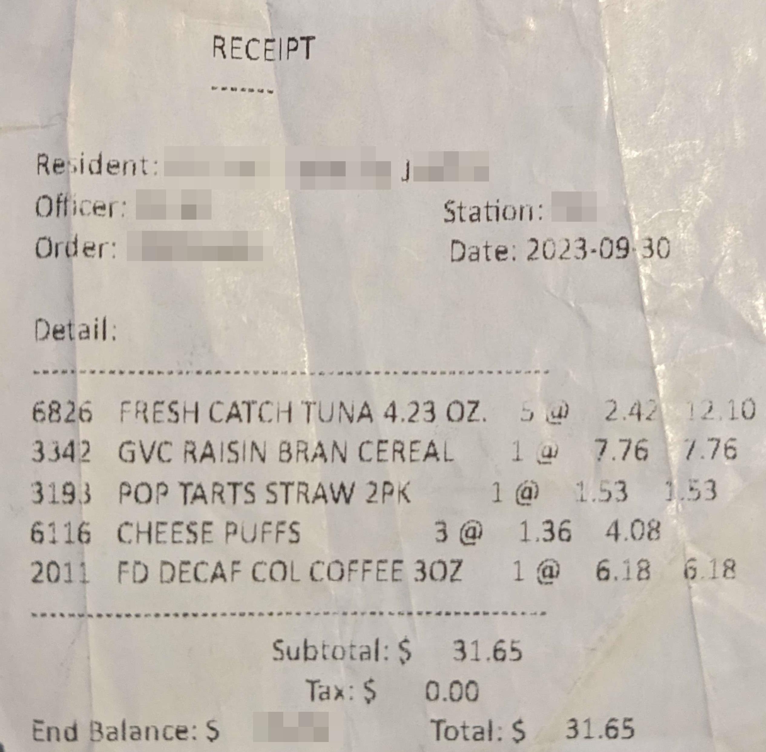 A scan of a commissary receipt dated 30 Sept 2023 with identifying information censored out. The subtotal for 5 items is $31.65.