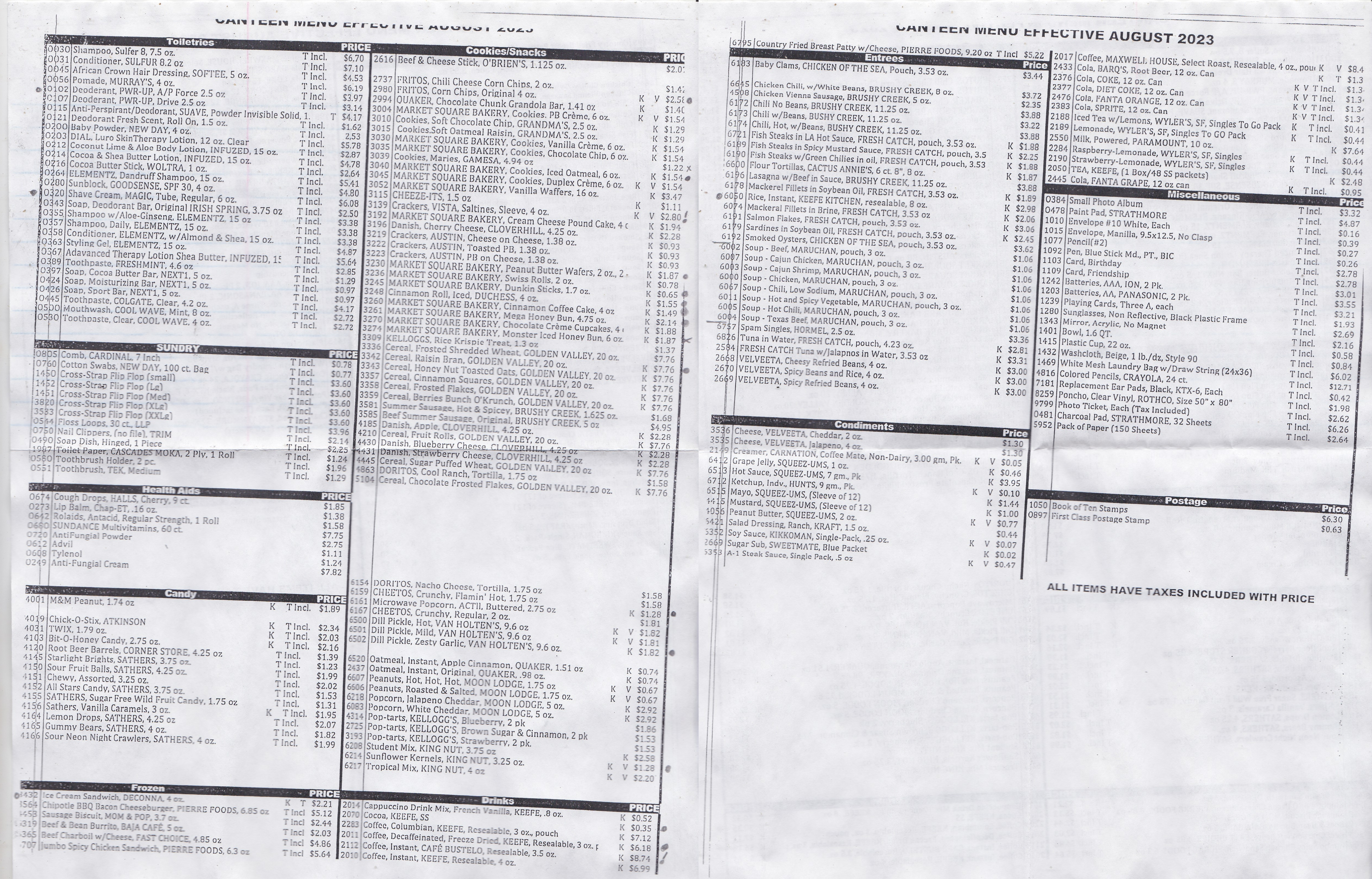 A scanned copy of the Keefe Canteen Menu dated August 2023