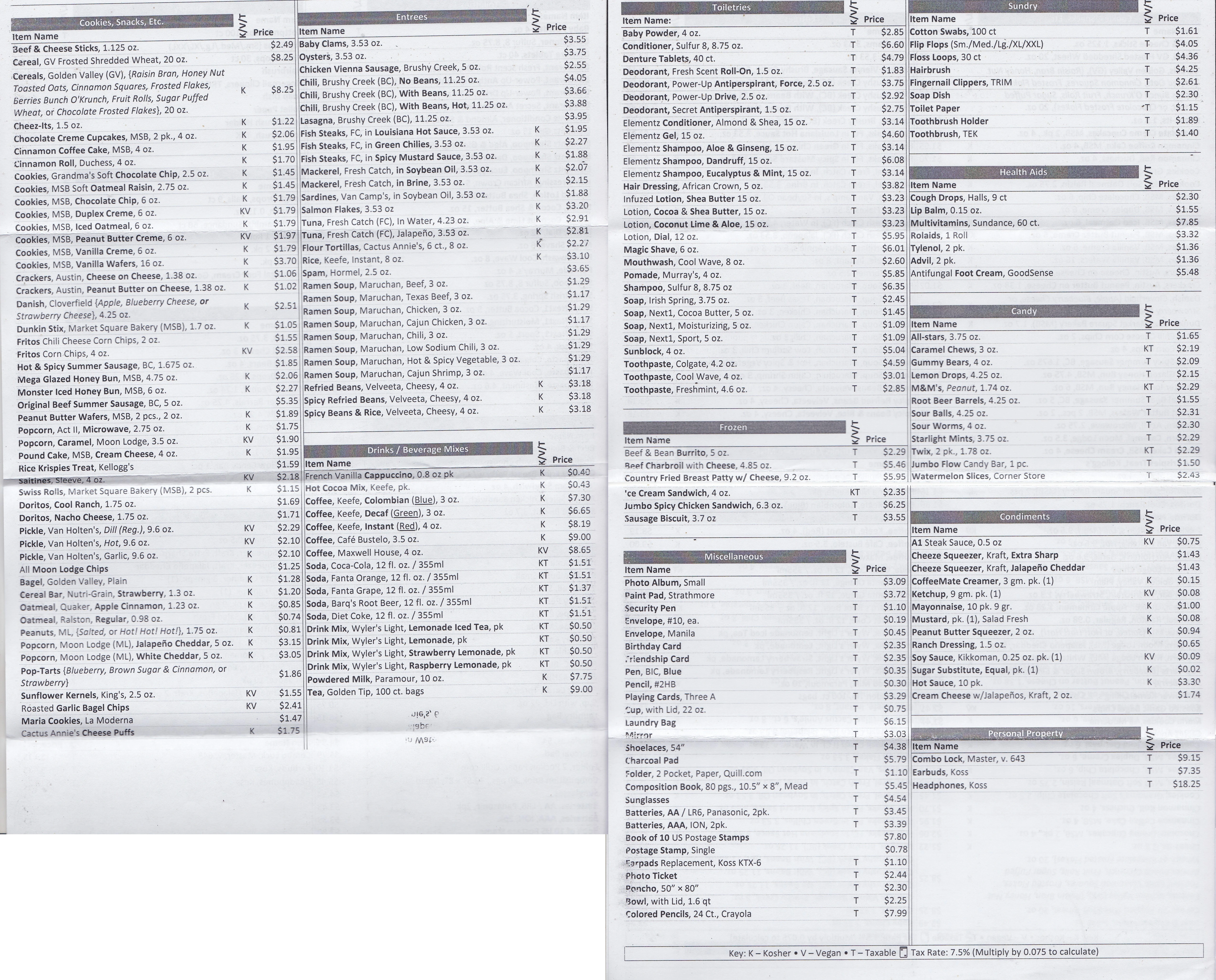 A composite image of the Keefe commissary menu, it is already out of date.