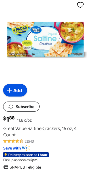 A screenshot from walmart.com showing the listing for a 16oz box of Great Value Saltine Crackers for $1.88 (as of 2026-03-03)