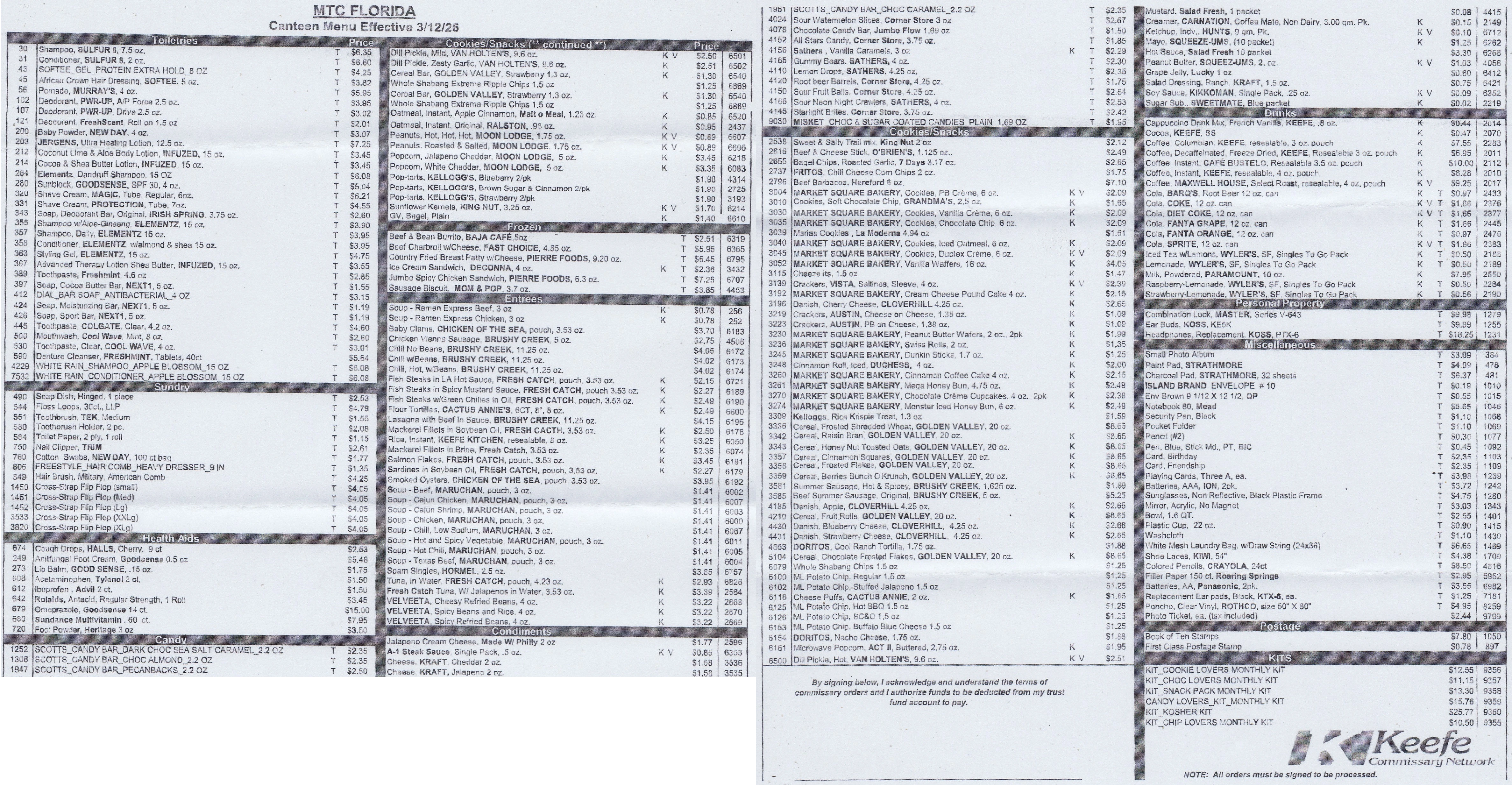 A composite image of the Keefe commissary menu, as of May 2026.